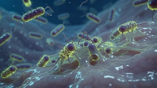 Microscopic 3D animation of rod-shaped bacteria with flagella moving over a cellular surface.