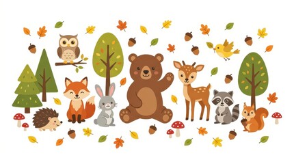 Fototapeta premium Cute Autumn Forest Animals Vector Illustration Set with Bear, Fox, Deer, Owl, and Woodland Elements on White Background