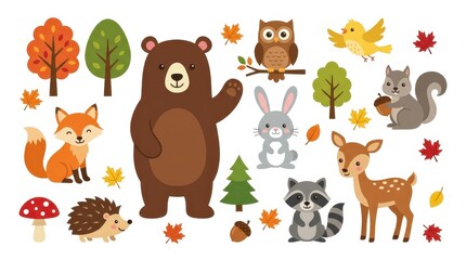 Fototapeta premium Cute Woodland Forest Animals Vector Illustration Set with Bear Fox Deer Raccoon Owl Squirrel Rabbit and Hedgehog