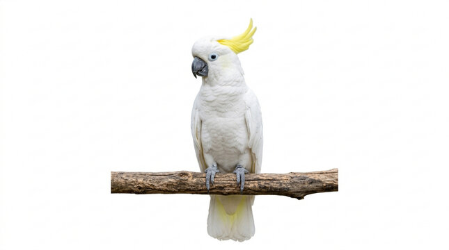 Sulphur crested white cockatoo perched on a wooden branch against a clean white background, showcasing bright yellow crest feathers and detailed posture.