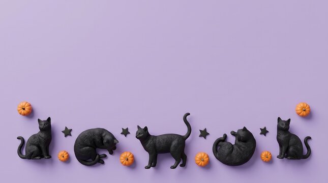 Halloween themed black cat figurines on purple background with pumpkins