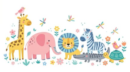 Fototapeta premium Cute Cartoon Safari Animals Illustration with Giraffe Elephant Lion Zebra Crocodile and Turtle for Kids Nursery Decor