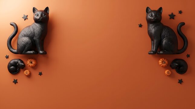 Halloween themed black cat decorations with pumpkins and stars