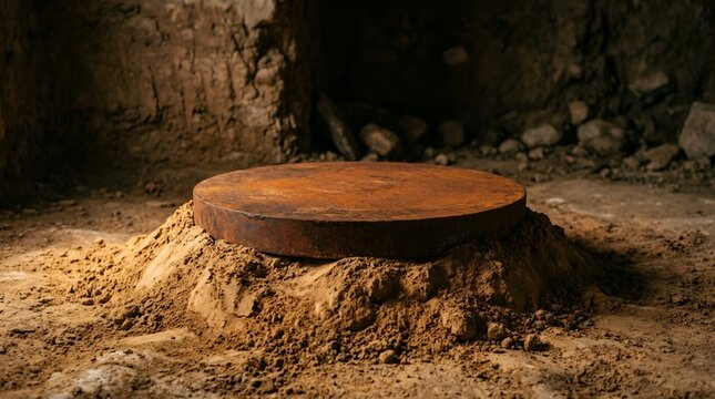 Abandoned rusty manhole cover in old tunnel, dirty industrial floor, urban decay concept, gritty texture, weathered surface, city infrastructure, underground atmosphere