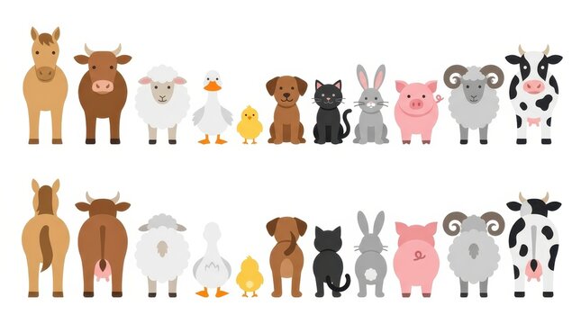 Set of Cute Cartoon Farm and Domestic Animals Front and Back View Vector Illustration Isolated on White Background