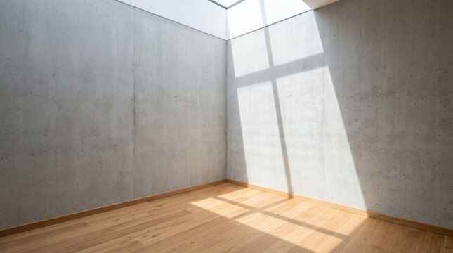 Empty minimalist room interior with raw concrete walls and light wood flooring, natural sunlight streaming through skylight window creating geometric shadows on floor