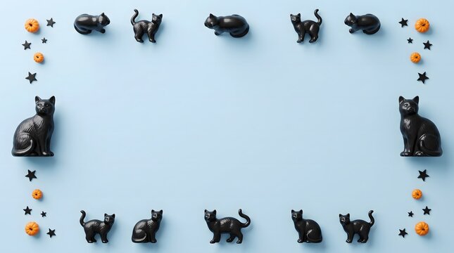 Halloween black cats and pumpkins on blue background