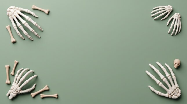 Halloween skeleton hands and bones on green background