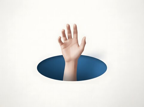Human hand reaching out from a blue hole on a white background with hand gesture