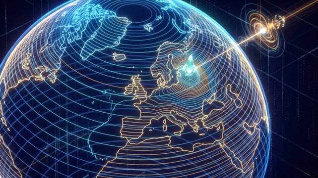 地球の熱画像メッシュと衛星スキャン格子が展開するサイバー空間の背景映像