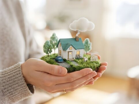 Woman hands holding miniature model house with small trees and cloud above chimney