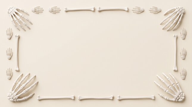 Halloween background with human skeleton bones on beige