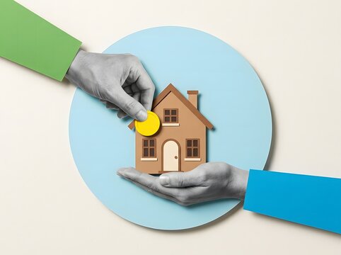 Hands placing a yellow coin into a miniature model house on a circular background with saving money
