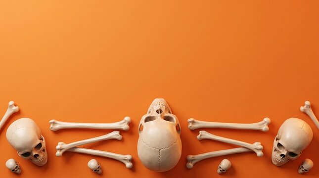 Halloween themed skeleton bones and skulls on orange background