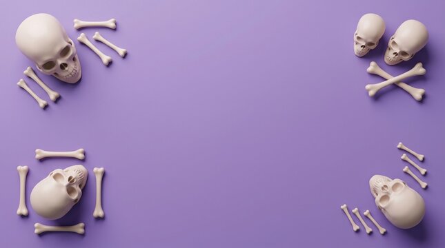 Spooky Halloween background with skulls and bones on purple