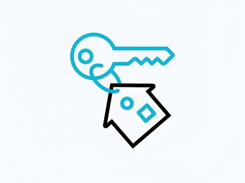 Minimalist outline icon of a key and a house shape representing real estate with outline vector