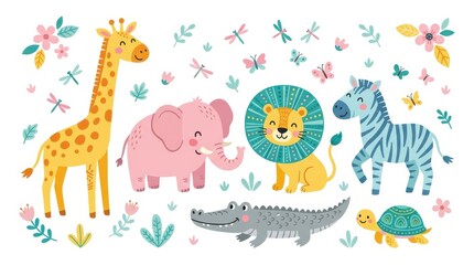 Fototapeta premium Cute Safari Animals Collection with Giraffe Elephant Lion Zebra Crocodile and Turtle for Kids Design