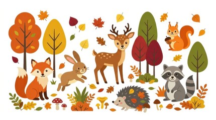 Fototapeta premium Cute Autumn Forest Animals Vector Illustration Set with Fox, Deer, Raccoon, Hedgehog, Squirrel, and Rabbit in Fall Woods