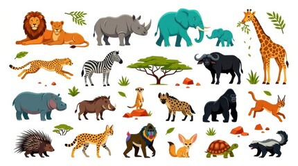 Fototapeta premium African Safari Wildlife Animal Collection Vector Illustration Set with Lion Elephant Giraffe and Zebra