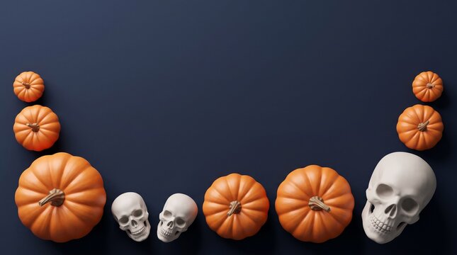 Halloween background with pumpkins and skulls on dark blue