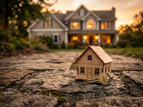 Miniature wooden house model and house keys on stone pathway with real house in background