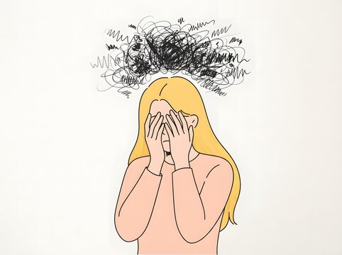 Frustrated blonde woman covering her face with hands experiencing stress and anxiety