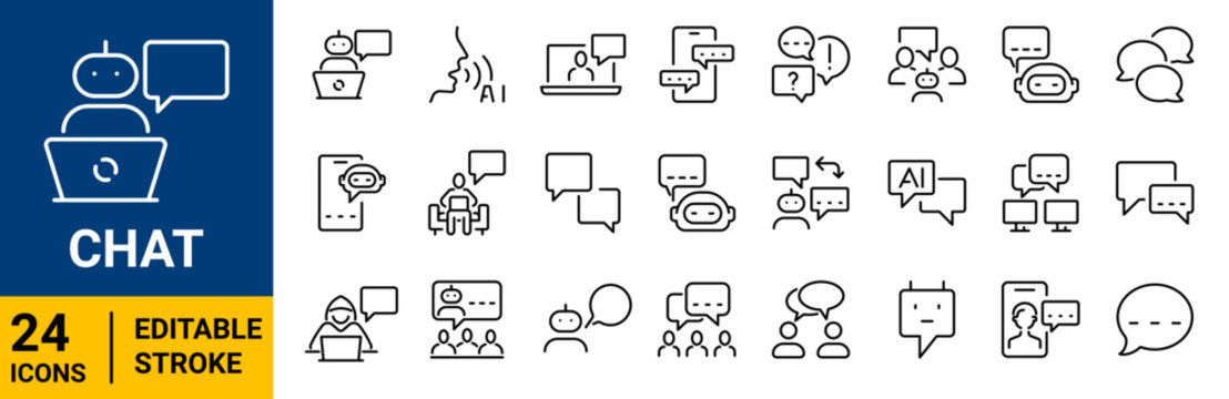 Chat icons set. communication, Messaging, online conversation, mobile chat, AI chatbot, customer support, social messaging and digital communication symbols. Modern outline vector icons for apps, UI, 
