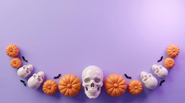 Spooky Halloween background with skulls and pumpkins on purple