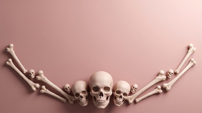 Halloween background with skulls and bones on pink