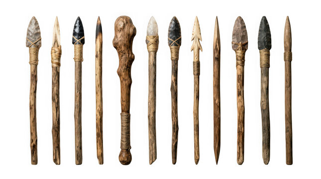 Collection of ancient primitive weapons and spears isolated on transparent background