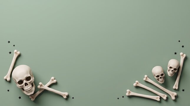 Halloween background with skulls and bones on green