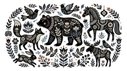 Fototapeta premium Scandinavian Folk Art Illustration with Wild Animals, Bear, Fox, Moose, and Horse in Nordic Floral Style