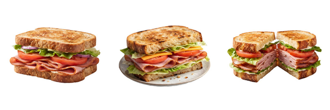 Toasted ham and cheese sandwiches with fresh lettuce and tomatoes on sliced bread savory deli meat lunch meals crispy grilled sandwiches isolated on white background stock photo