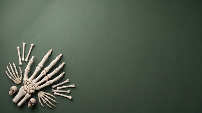 Spooky Halloween background with skeleton hands and skulls on green
