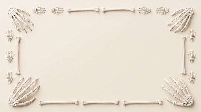 Halloween background with white skeleton bones on beige