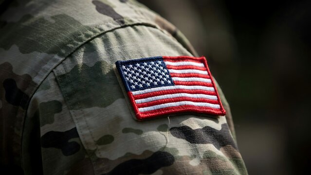 American flag patch sewn onto a military uniform shoulder detail