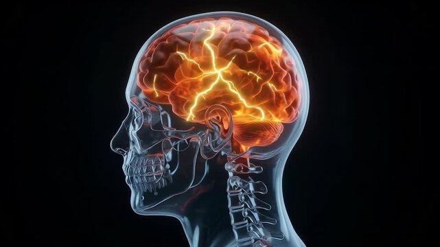 Animation of a glowing human brain inside a transparent glass skull against a dark background.
