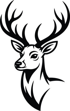 Detailed black silhouette of a deer head with large branching antlers, facing left, isolated on a white background, for hunting or nature themes