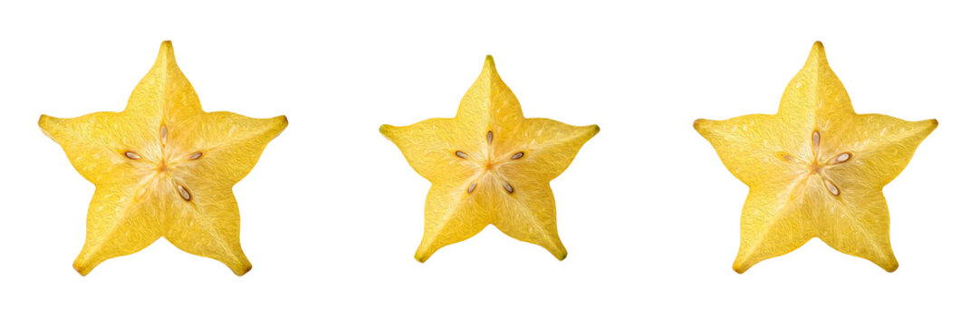 Fresh starfruit slices cut into star shapes yellow carambola pieces tropical fruit snack juicy exotic citrus alternative isolated on white background stock photo