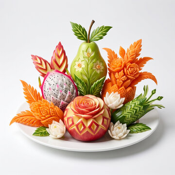 Exquisite thai fruit carving arrangement featuring intricately sculpted pear dragon fruit and pineapple on a white plate