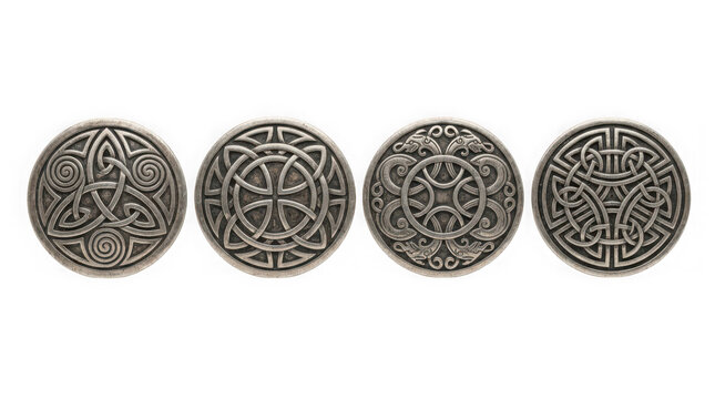 Set of four ancient celtic metal coins with intricate knotwork designs isolated on transparent background