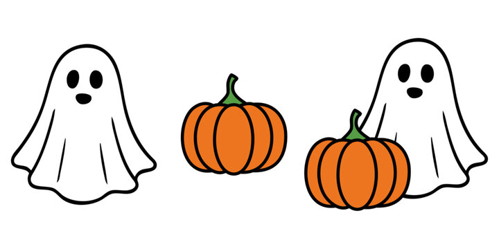 Grupo de dibujos sencillos de un fantasma, una calabaza y una calabaza por delante de un fantasma para tarjetas y felicitaciones de Halloween o del D&iacute;a de Acci&oacute;n de Gracias 