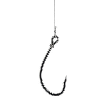 A single sharp metal fishing hook attached to a thin nylon line hanging vertically downwards isolated on a transparent background