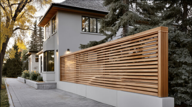 Modern privacy fence wood slat contemporary house exterior autumn tree sunlight residential architecture