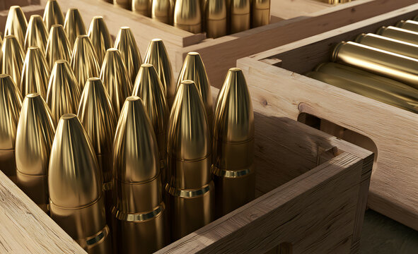 155 mm artillery shells packed on crates, for a 3D rendering.