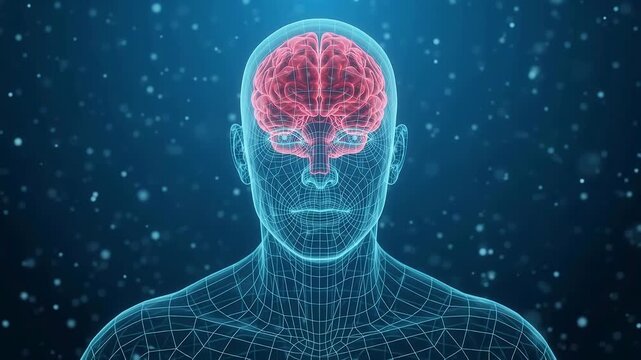 3D wireframe animation of a human male body with a glowing red brain on a blue particle background video clip.