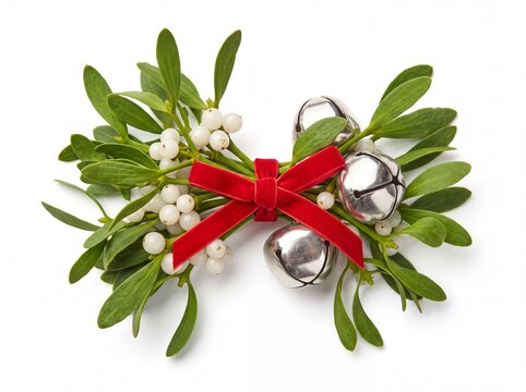 Christmas mistletoe branch with white berries, silver bells, and a red bow, isolated on white background
