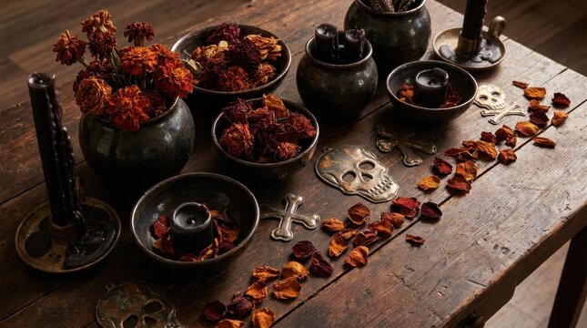 Spooky Altar Setup: A dimly lit wooden table is adorned with dried flowers, small bowls filled with dried fruit, skull ornaments, a cross, and candle holders.