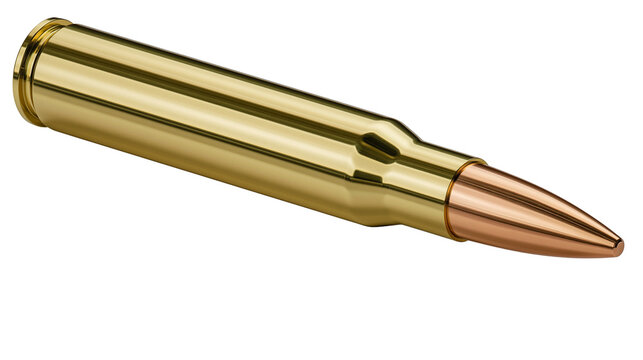 Shiny brass rifle cartridge with copper bullet tip, isolated on transparent background