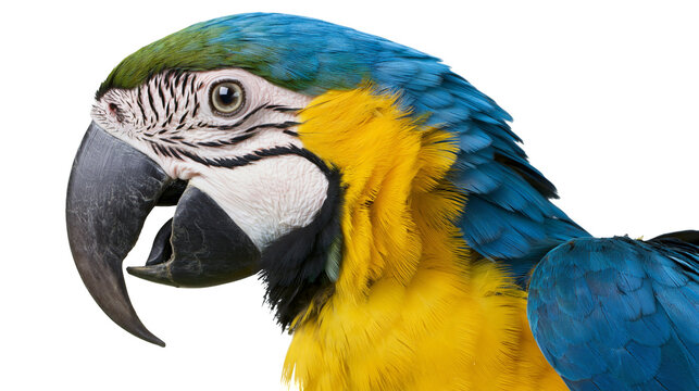 Blue and yellow macaw parrot head profile, isolated on transparent background